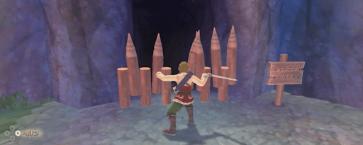 ゼルダSWS_洞窟入口前で木の柵を斬り裂こう