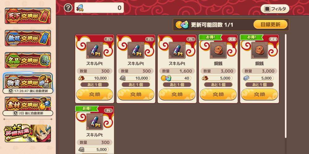 ブラウザ三国志天_銅銭とスキルptもおすすめ