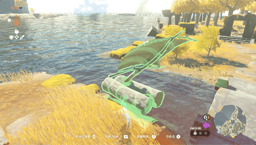 丸太2本と帆を使ってイカダを作り湖を渡る