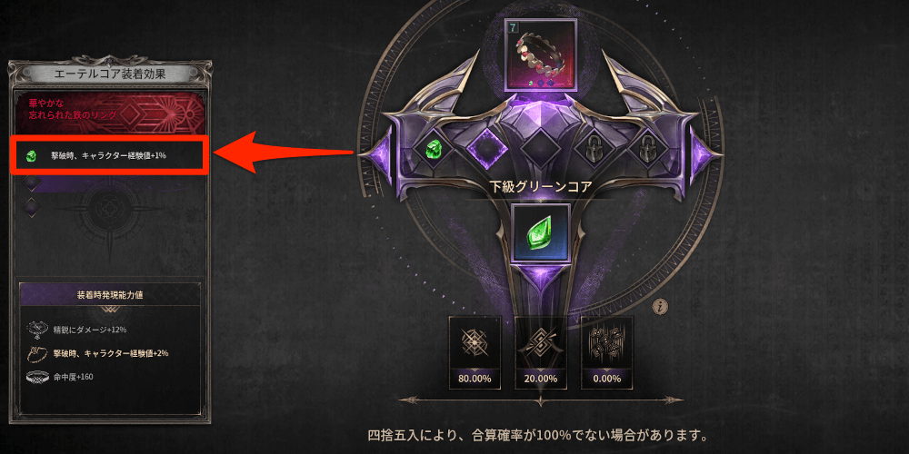 ダークディセンバー_獲得経験値増加のエーテルコアを装着する