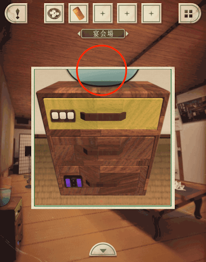 脱出ゲーム新館やすらぎの湯からの脱出_宴会場_箪笥の上のボウルを拡大する