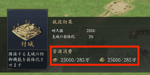 築城には勢力資源が必要になる