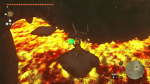 溶岩を流れてくる岩を足場にして奥へ進む