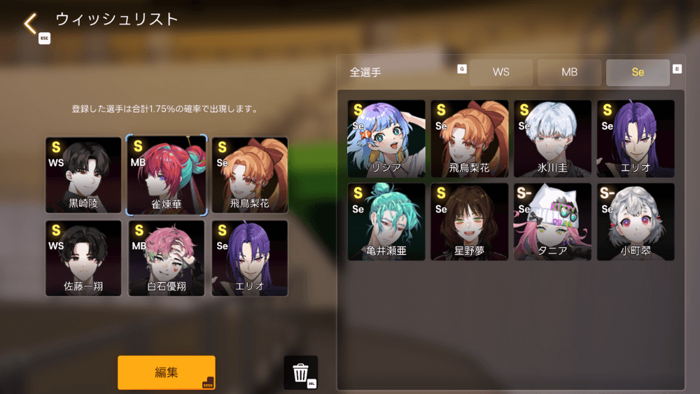 欲しいキャラをウィッシュリストに登録する