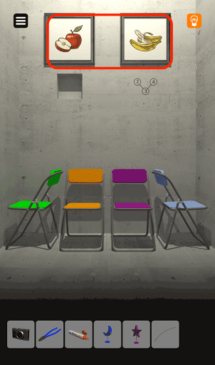 脱出ゲーム非常階段_3階_りんごの絵とバナナの絵から左が赤右が黄色を確認する