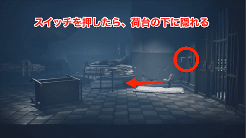 荷台の下に隠れる