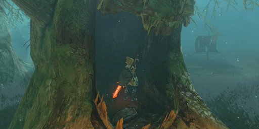 ゼルダBotW_錆びた盾を石碑のある木の中に置く