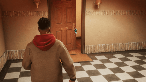 部屋を出て上階の部屋に入る