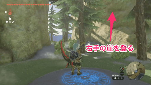 右手の崖を登る