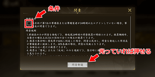 軍団長が勢力画面から問責を発起する