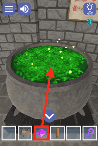 ドラゴンと魔法使いの住む塔_3階_宝石を鍋に入れる