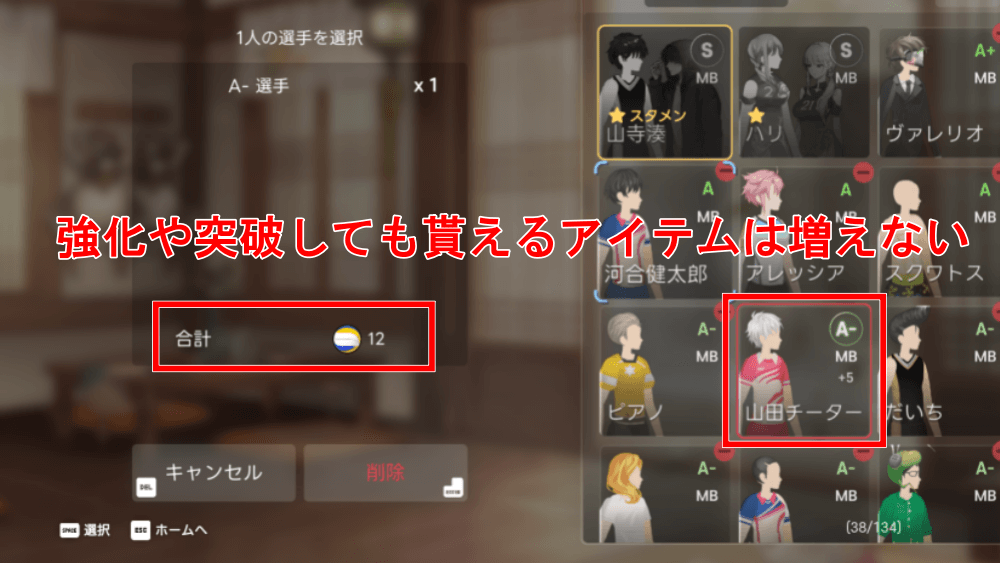 強化や突破してもアイテムは増えない