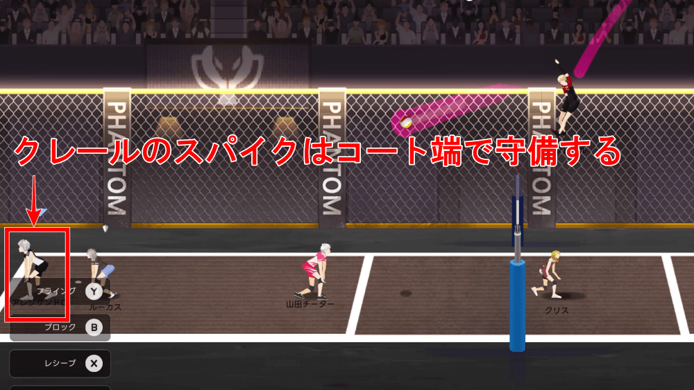 コート端でカウンターレシーブする