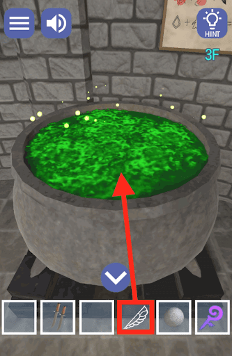 ドラゴンと魔法使いの住む塔_3階_羽を鍋に入れる